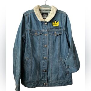 RIVERDALE Blue Denim Statement Jacket with Sherpa Collar and Patch Lightweight